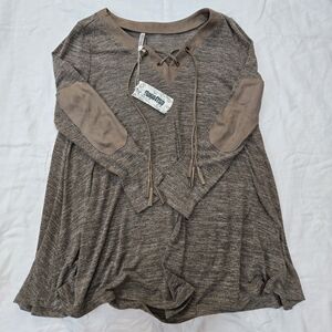 New Monoreno Brown Half Sleeve Corset V-neck Tie Tunic Top Shirt